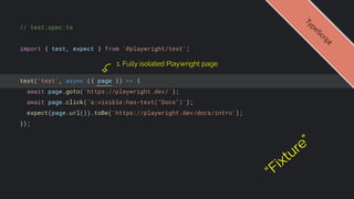 // test.spec.ts
import { test, expect } from '@playwright/test';
test('test', async ({ page }) => {
await page.goto('https://playwright.dev/');
await page.click('a:visible:has-text("Docs")');
expect(page.url()).toBe('https://playwright.dev/docs/intro');
});
T
y
p
e
S
c
r
i
p
t
1. Fully isolated Playwright page
“Fixture”
 