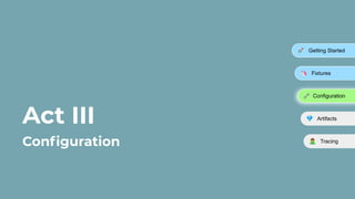 💎 Artifacts
Act III
Conﬁguration
🚀 Getting Started
🦄 Fixtures
🔧 Configuration
󰨂 Tracing
 