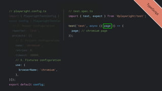 // playwright.config.ts
import { PlaywrightTestConfig } from '@playwright/test';
const config : PlaywrightTestConfig = {
// 1. Runner configuration
reporter: 'list',
projects: [{
// 2. Project configuration
name: 'chromium',
retries: 0,
timeout: 30000,
// 3. Fixtures configuration
use: {
browserName: 'chromium',
},
}]};
export default config;
T
y
p
e
S
c
r
i
p
t
// test.spec.ts
import { test, expect } from '@playwright/test';
test('test', async ({ page }) => {
page; // chromium page
});
 