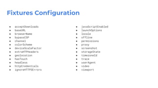 ● javaScriptEnabled
● launchOptions
● locale
● offline
● permissions
● proxy
● screenshot
● storageState
● timezoneId
● trace
● userAgent
● video
● viewport
● acceptDownloads
● baseURL
● browserName
● bypassCSP
● channel
● colorScheme
● deviceScaleFactor
● extraHTPHeaders
● geolocation
● hasTouch
● headless
● httpCredentials
● ignoreHTTPSErrors
Fixtures Conﬁguration
 