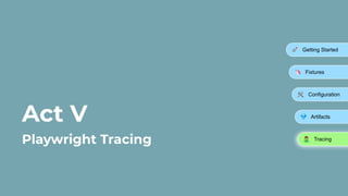 Act V
Playwright Tracing
🚀 Getting Started
🦄 Fixtures
🛠 Configuration
💎 Artifacts
󰨂 Tracing
 