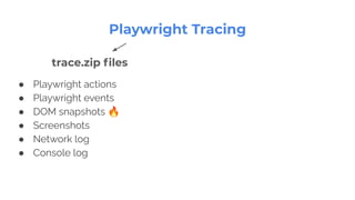 ● Playwright actions
● Playwright events
● DOM snapshots 🔥
● Screenshots
● Network log
● Console log
Playwright Tracing
trace.zip ﬁles
 