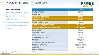 Novador PEA (2021)1,2 – Summary
CDN$
Pre-Tax NPV (5%) $991M
Pre-Tax IRR 47.2%
After-Tax NPV (5%) $598M
After-Tax IRR 32.8%
Pre-Tax Payback Period 1.8 years
After-Tax Payback Period 2.7 years
Average Annual Gold Production 207,000 oz
Initial Capital $353M
Sustaining Capital $602M
LOM average cash cost/oz US$786
LOM Average AISC*/oz US$965
Mine Life 12.5 years
Throughput – Mill and Leach (tpd) 10,000
Mill Grade & Recovery 1.88 g/t & 94.7%
Gold Price US$1,500
FX Rate (CDN/US$) $0.75
1 Preliminary Economic Assessment, Ausenco Engineering Canada Inc. – September 2021
2 All figures reported in CDN$ unless specified otherwise
* All in sustaining cost 7
2023 milestones
▷ Prefeasibility studies ongoing
▷ Optimization of mine plan
with fewer pits
▷ Potential for future increased
production due to resource
growth
 