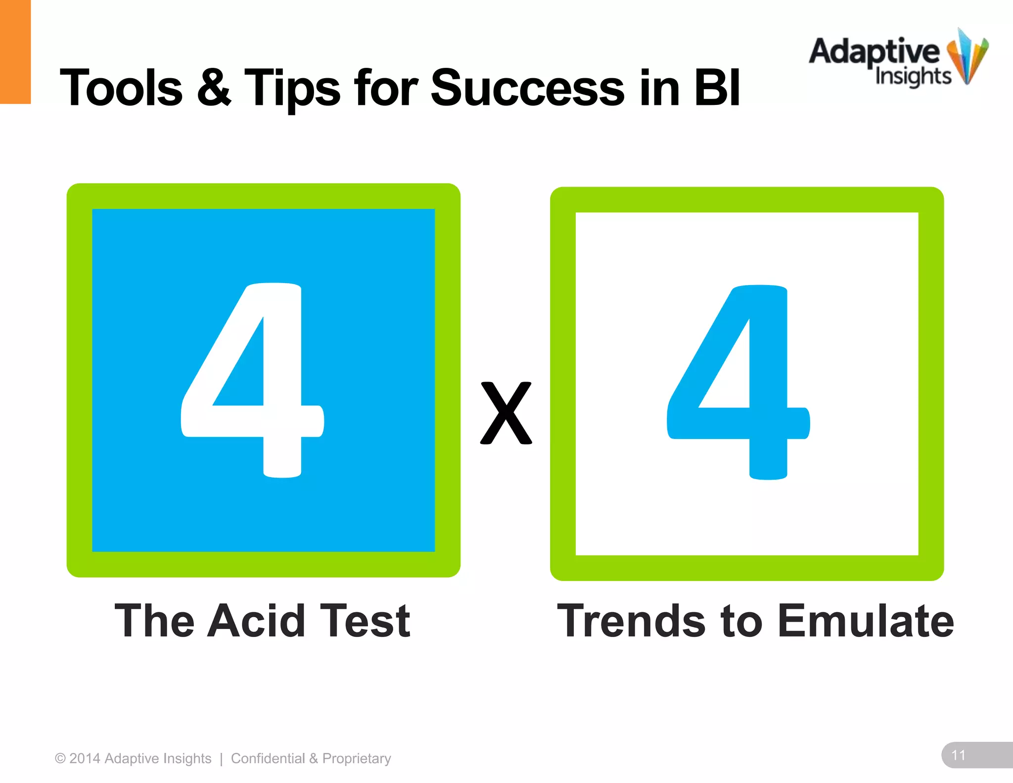 11© 2014 Adaptive Insights | Confidential & Proprietary
The Acid Test
Tools & Tips for Success in BI
Trends to Emulate
x
 
