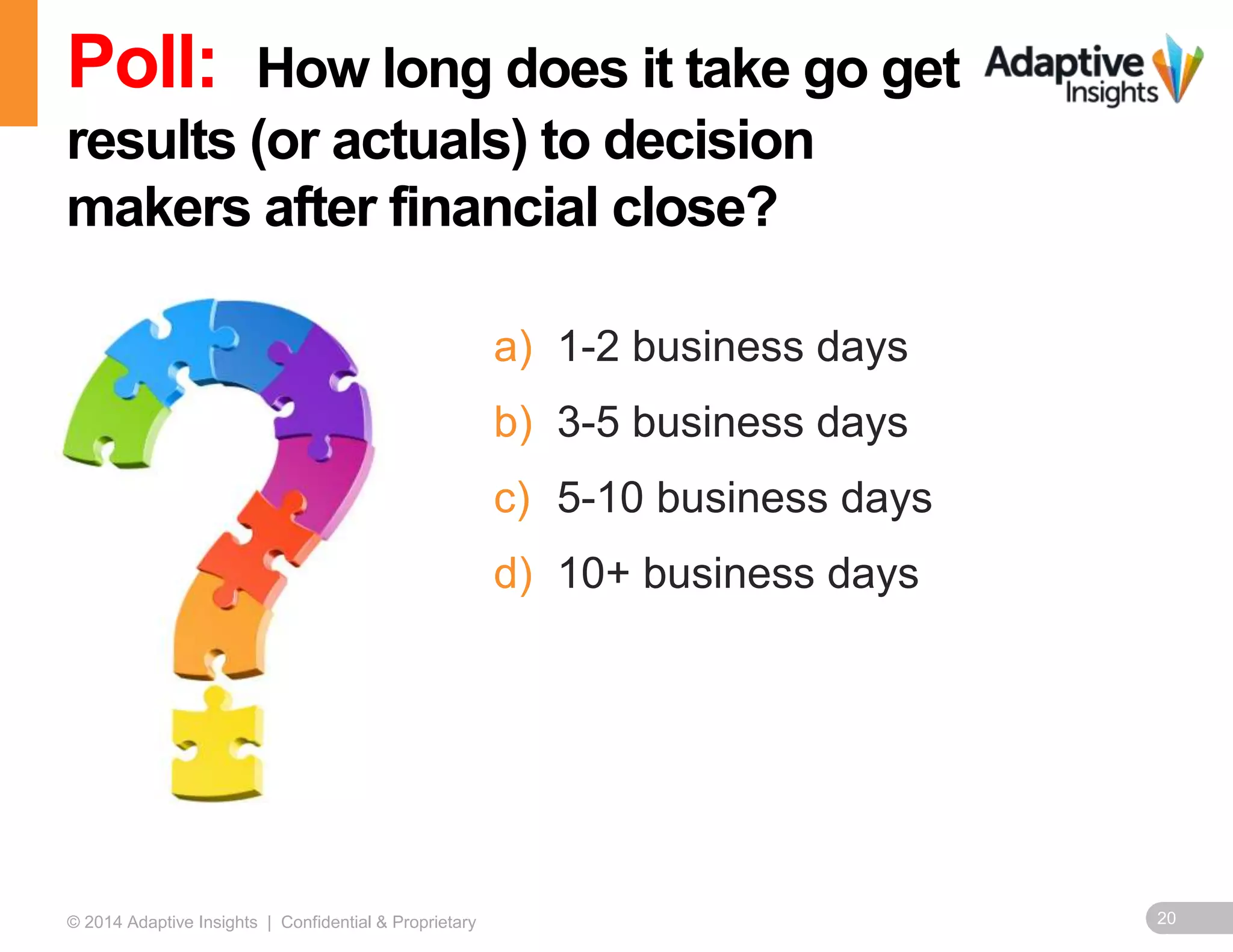 20© 2014 Adaptive Insights | Confidential & Proprietary
a) 1-2 business days
b) 3-5 business days
c) 5-10 business days
d) 10+ business days
Poll: How long does it take go get
results (or actuals) to decision
makers after financial close?
 