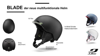 BLADE der neue multifunktionale Helm
Abnehmbare
Ohrabdeckungen
In-Mold-Schale
Halbschalenhelm
Strap
attachment
Air flow
Adjustable
fit
 