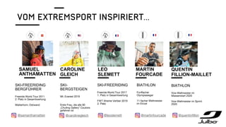 VOM EXTREMSPORT INSPIRIERT...
SAMUEL
ANTHAMATTEN
SKI-FREERIDING
BERGFÜHRER
Freeride World Tour 2011
2. Platz in Gesamtwertung
Matterhorn, Ostwand
CAROLINE
GLEICH
SKI-
BERGSTEIGEN
Mt. Everest 2019
Erste Frau, die alle 90
„Chuting Gallery“ Couloirs
gefahren ist
LEO
SLEMETT
SKI-FREERIDING
Freeride World Tour 2017
1. Platz in Gesamtwertung
FWT Xtreme Verbier 2019
2. Platz
MARTIN
FOURCADE
BIATHLON
Fünffacher
Olympiasieger
11-facher Weltmeister
im Einzel
QUENTIN
FILLION-MAILLET
BIATHLON
Vize-Weltmeister im
Massenstart 2020
Vize-Weltmeister im Sprint
2020
@samanthamatten @carolinegleich @leoslemett @martinfourcade @quentinfillon
 