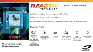 SCHNELLE
REAKTION
AUF
WECHSELNDE
LICHTBEDINGUN
GEN
AUCH BEI
WINTERLICHEN
TEMPERATUREN
EINZIGARTIG
HOHE OPTISCHE
QUALITÄT
SELBSTT Ö NENDE SCHEIBEN
Das höchstentwickelte Scheibenangebot auf dem Markt
Sofortige Anpassung an alle Lichtverhältnisse
Für jede Anforderung die passende Lösung dank einem großen Scheibensortiment
Einzigartige Vorteile:
EXTREM
LEICHT
SELBSTTÖNUNG
MIT GARANTIE
AUF LEBENSZEIT
HOHE
QUALITÄT UND
ROBUSTHEIT
DES GLASES
ANTIBESCHLAGS
CHUTZ
Photochromic Vision.
Unlimited passion.
 