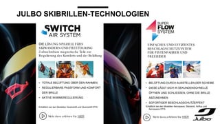 JULBO SKIBRILLEN-TECHNOLOGIEN
DIE LÖSUNG SPEZIELL FÜRS
SKIWANDERN UND FREETOURING
2 abnehmbare magnetische Teile zur
Regulierung des Komforts und der Belüftung
EINFACHES UND EFFIZIENTES
BESCHLAGSCHUTZSYSTEM
FÜR PISTENFAHRER UND
FREERIDER
• TOTALE BELÜFTUNG ÜBER DEN RAHMEN
• REGULIERBARE PASSFORM UND KOMFORT
DER BRILLE
• AKTIVE WÄRMEREGULIERUNG
Erhältlich bei den Modellen Quickshift und Quickshift OTG
• BELÜFTUNG DURCH AUSSTELLEN DER SCHEIBE
• DIESE LÄSST SICH IN SEKUNDENSCHNELLE
ÖFFNEN UND SCHLIESSEN, OHNE DIE BRILLE
ABZUNEHMEN
• SOFORTIGER BESCHLAGSCHUTZEFFEKT
Erhältlich bei den Modellen Aerospace, Starwind, Airflux und
Aerospace OTG
Mehr dazu erfahren Sie HIER Mehr dazu erfahren Sie HIER
 