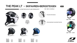 THE PEAK LT – SKIFAHREN+BERGSTEIGEN
ULTIMATIVER SCHUTZ UND FEDERLEICHT
+ Xtra-lite Kinnriemen
+ Sommerliches Innenfutter Xtra-lite
320 / 360 G | IN-MOLD
 