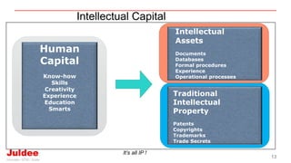 13
Intellectual Capital
Human
Capital
Know-how
Skills
Creativity
Experience
Education
Smarts
Traditional
Intellectual
Property
Patents
Copyrights
Trademarks
Trade Secrets
Intellectual
Assets
Documents
Databases
Formal procedures
Experience
Operational processes
It’s all IP !
 