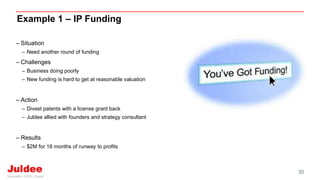 – Situation
– Need another round of funding
– Challenges
– Business doing poorly
– New funding is hard to get at reasonable valuation
– Action
– Divest patents with a license grant back
– Juldee allied with founders and strategy consultant
– Results
– $2M for 18 months of runway to profits
30
Example 1 – IP Funding
 