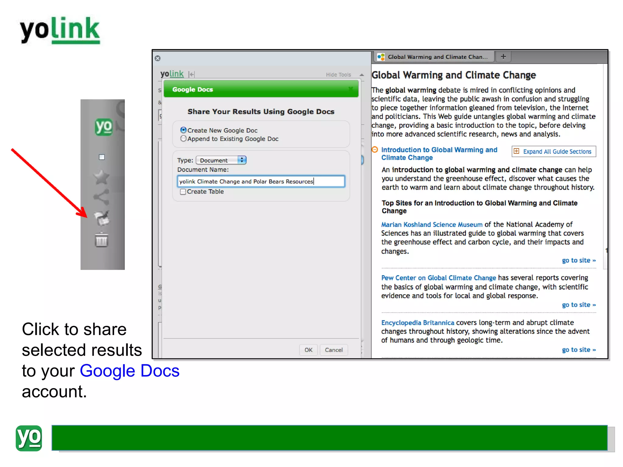 Click to share selected results to your  Google Docs  account. 