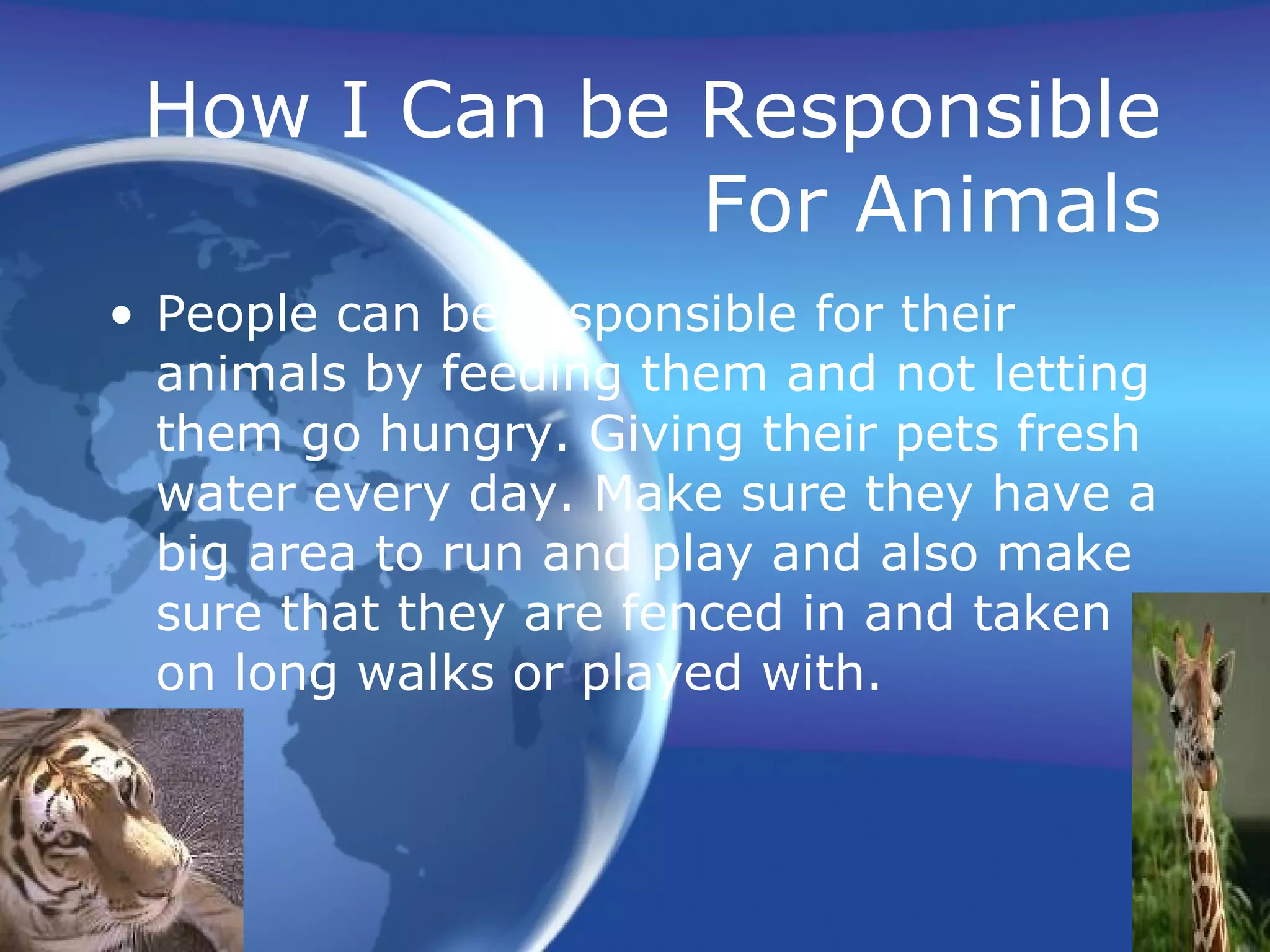 How I Can be Responsible For Animals People can be responsible for their animals by feeding them and not letting them go hungry. Giving their pets fresh water every day. Make sure they have a big area to run and play and also make sure that they are fenced in and taken on long walks or played with.  