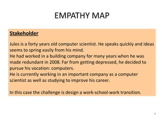 1
EMPATHY MAP
Stakeholder
Jules is a forty years old computer scientist. He speaks quickly and ideas
seems to spring easily from his mind.
He had worked in a building company for many years when he was
made redundant in 2008. Far from getting depressed, he decided to
pursue his vocation: computers.
He is currently working in an important company as a computer
scientist as well as studying to improve his career.
In this case the challenge is design a work-school-work transition.
 