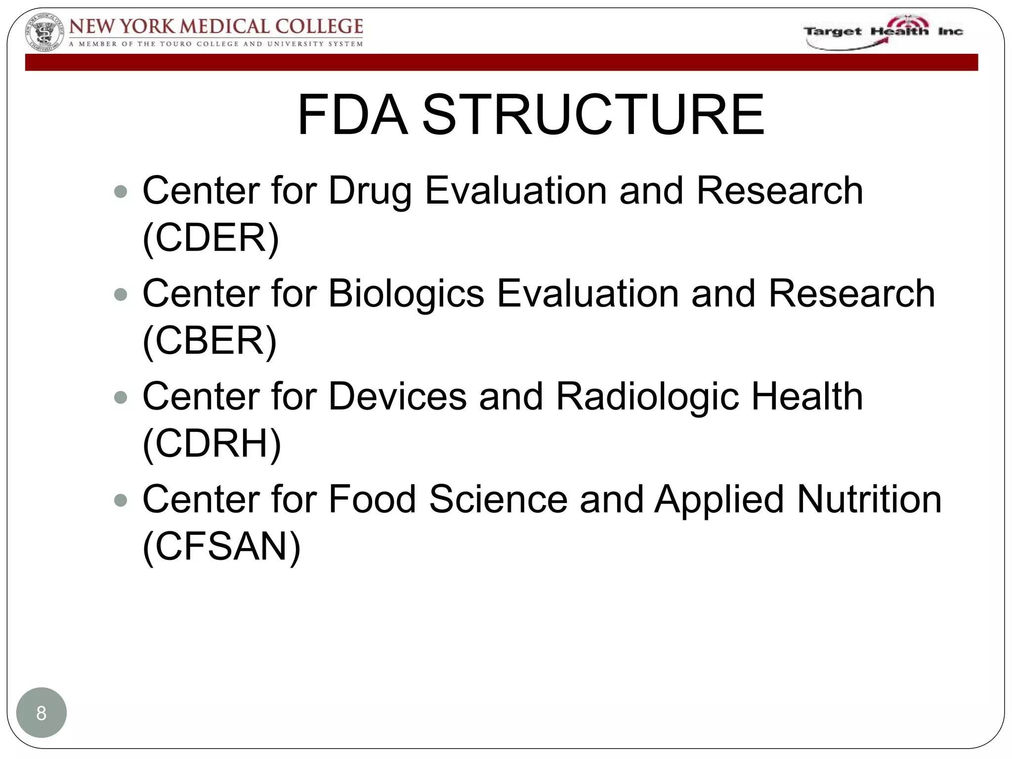 FDA STRUCTURE 
 Center for Drug Evaluation and Research 
(CDER) 
 Center for Biologics Evaluation and Research 
(CBER) 
 Center for Devices and Radiologic Health 
(CDRH) 
 Center for Food Science and Applied Nutrition 
(CFSAN) 
8 
 