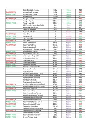 Doce Goiabada Tambaú 600g Outros 4,25
MAIOR PREÇO Achocolatado Nescau 200g Outros 4,45
MENOR PREÇO Achocolatade Toddy 200g Outros 3,75
Ovo Branco G 15 und Outros 6,00
MAIOR PREÇO Vinagre Minhoto 500ml Outros 2,49
Vinagre Figueira 500ml Outros 1,85
MENOR PREÇO Vinagre Maratá 500ml Outros 1,49
Filé Peito de Frango Bom Todo 1kg Aves 9,90
Peito de Frango Friato 1kg Aves 9,90
Apresuntado Sadia 1kg Frios 19,90
Guaraná Antartica 2L Bebidas 5,49
MAIOR PREÇO Coca Cola 2L Bebidas 5,49
MENOR PREÇO Fanta Laranja 2L Bebidas 4,99
MENOR PREÇO Suco Dell Vale 1l Bebidas 5,29
MAIOR PREÇO Suco Ades 1l Bebidas 5,75
MENOR PREÇO Papel Toalha Scala 2 rolos Higiene 3,75
MAIOR PREÇO Papel Toalha Snob 2 rolos Higiene 4,75
Guardanapo Sorella 50 und Higiene 2,95
Creme dental Colgate Tripla Ação 90g Higiene 2,99
MENOR PREÇO Creme dental Sorriso 90g Higiene 2,75
MAIOR PREÇO Creme dental Close Up 90g Higiene 3,25
MENOR PREÇO Antisséptico Colgate Plax 250ml Higiene 9,95
MAIOR PREÇO Antisséptico Listerine 250ml Higiene 12,50
MAIOR PREÇO Shampoo Elseve 200ml Higiene 8,45
MAIOR PREÇO Shampoo Pantene 400ml Higiene 13,95
MENOR PREÇO Shampoo Tressemé 400ml Higiene 11,65
MENOR PREÇO Shampoo Garnier Fructis 200ml Higiene 6,95
Shampoo Palmolive 350 ml Higiene 5,85
Shampoo Seda 325 ml Higiene 5,45
Condicionador Garnier Fructis 200ml Higiene 8,45
Condicionador Tressemé 400ml Higiene 13,65
Condicionador Palmolive 350ml Higiene 7,45
Condicionador Seda 325ml Higiene 8,95
Shampoo Johnsons Infantil 200ml Higiene 8,75
MAIOR PREÇO Condicionador Johnsons Infantil 200ml Higiene 10,95
MENOR PREÇO Condicionador Infantil da Mônica 200 ml Higiene 7,49
MAIOR PREÇO Contonete Johnsons 75 und Higiene 2,45
MENOR PREÇO Contonete Enlace 75 und Higiene 1,15
Desodorante Dove Aerosol 169ml Higiene 15,95
Desodorante Rexona Aerosol 175ml Higiene 12,45
Desodorante Nívea Aerosol 150ml Higiene 13,95
MAIOR PREÇO Desodorante Dove Roll-on 50ml Higiene 10,45
MENOR PREÇO Desodorante Rexona Roll-on 50ml Higiene 7,95
MAIOR PREÇO Sabonete Líquido Protex 250ml Higiene 9,95
MENOR PREÇO Sabonete Líquido Lux 250 ml Higiene 7,65
Sabonete em Barra Palmolive 90g Higiene 2,15
MAIOR PREÇO Sabonete em Barra Protex 90g Higiene 2,45
Sabonete em Barra Lux 90g Higiene 1,95
MENOR PREÇO Sabonete em Barra Even 90g Higiene 1,10
MENOR PREÇO Creme Pentear Seda 300ml Higiene 6,49
 