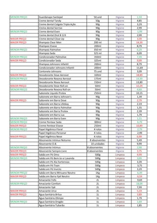 MENOR PREÇO Guardanapo Santepel 50 und Higiene 1,59
Creme dental Tandy 50g Higiene 4,85
Creme dental Colgate Tripla Ação 90g Higiene 3,29
Creme dental Sorriso 90g Higiene 2,99
MENOR PREÇO Creme dental Even 90g Higiene 1,99
Creme dental Oral B 123 90g Higiene 2,09
MAIOR PREÇO Creme dental Close Up 90g Higiene 3,39
MAIOR PREÇO Shampoo Clear Men 200 ml Higiene 14,39
Shampoo Elseve 200ml Higiene 8,79
MENOR PREÇO Shampoo Palmolive 350 ml Higiene 6,29
Shampoo Seda 325 ml Higiene 6,09
MENOR PREÇO Condicionador Palmolive 350ml Higiene 7,39
MAIOR PREÇO Condicionador Seda 325ml Higiene 9,99
Shampoo Johnsons Infantil 200ml Higiene 8,79
Condicionador Johnsons Infantil 200ml Higiene 11,69
Contonete Johnsons 75 und Higiene 3,09
MAIOR PREÇO Desodorante Dove Aerosol 169ml Higiene 18,89
MENOR PREÇO Desodorante Rexona Aerosol 175ml Higiene 13,39
Desodorante Nívea Aerosol 150ml Higiene 13,89
MAIOR PREÇO Desodorante Dove Roll-on 50ml Higiene 12,29
MENOR PREÇO Desodorante Rexona Roll-on 50ml Higiene 4,69
Sabonete Líquido Protex 250ml Higiene 10,15
Sabonete em Barra Johnson's 90g Higiene 1,39
MAIOR PREÇO Sabonete em Barra Dove 90g Higiene 2,79
Sabonete em Barra Lifeboy 90g Higiene 2,19
Sabonete em Barra Palmolive 90g Higiene 1,35
Sabonete em Barra Protex 90g Higiene 2,39
Sabonete em Barra Lux 90g Higiene 1,79
MENOR PREÇO Sabonete em Barra Even 90g Higiene 1,15
MENOR PREÇO Creme Pentear Seda 300ml Higiene 6,79
MAIOR PREÇO Creme Pentear Elseve 250ml Higiene 10,89
MENOR PREÇO Papel Higiênico Floral 4 rolos Higiene 2,79
Papel Higiênico Personal 4 rolos Higiene 2,99
MAIOR PREÇO Papel Higiênico Neve 4 rolos Higiene 6,99
Absorvente Intimus Noturno 8 absorventes Higiene 5,49
Absorvente O.B. 10 unidades Higiene 9,99
MENOR PREÇO Absorvente Intimus 8 absorventes Higiene 2,99
MAIOR PREÇO Absorvente Sempre Livre 8 absorventes Higiene 3,75
MAIOR PREÇO Sabão em Pó Omo 500g Limpeza 4,99
MENOR PREÇO Sabão em Pó Bem-te-vi Lavanda 500g Limpeza 3,09
Sabão em Pó Ala hortensias 500g Limpeza 3,39
Sabão em Pó Tixan 500g Limpeza 3,75
Sabão em Pó Invicto 500g Limpeza 3,29
MENOR PREÇO Sabão em Barra Minuano Neutro 1Kg Limpeza 6,39
MAIOR PREÇO Sabão em Barra Ypê Neutro 1Kg Limpeza 6,59
Amaciante Fofo 2L Limpeza 9,69
MENOR PREÇO Amaciante Comfort 2L Limpeza 18,09
Amaciante Ypê 2L Limpeza 7,99
MAIOR PREÇO Amaciante Urca 2L Limpeza 5,19
MAIOR PREÇO Água Sanitária Brilux 1L Limpeza 3,89
Água Sanitária Olimpo 1L Limpeza 1,79
MENOR PREÇO Água Sanitária Dragão 1L Limpeza 1,69
Água Sanitária Tubarão 1L Limpeza 1,85
 