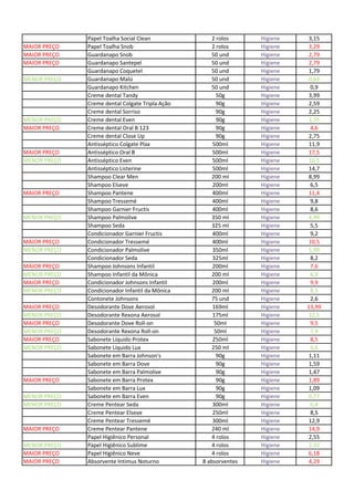 Papel Toalha Social Clean 2 rolos Higiene 3,15
MAIOR PREÇO Papel Toalha Snob 2 rolos Higiene 3,29
MAIOR PREÇO Guardanapo Snob 50 und Higiene 2,79
MAIOR PREÇO Guardanapo Santepel 50 und Higiene 2,79
Guardanapo Coquetel 50 und Higiene 1,79
MENOR PREÇO Guardanapo Malú 50 und Higiene 0,69
Guardanapo Kitchen 50 und Higiene 0,9
Creme dental Tandy 50g Higiene 3,99
Creme dental Colgate Tripla Ação 90g Higiene 2,59
Creme dental Sorriso 90g Higiene 2,25
MENOR PREÇO Creme dental Even 90g Higiene 1,35
MAIOR PREÇO Creme dental Oral B 123 90g Higiene 4,6
Creme dental Close Up 90g Higiene 2,75
Antisséptico Colgate Plax 500ml Higiene 11,9
MAIOR PREÇO Antisséptico Oral B 500ml Higiene 17,5
MENOR PREÇO Antisséptico Even 500ml Higiene 10,5
Antisséptico Listerine 500ml Higiene 14,7
Shampoo Clear Men 200 ml Higiene 8,99
Shampoo Elseve 200ml Higiene 6,5
MAIOR PREÇO Shampoo Pantene 400ml Higiene 11,4
Shampoo Tressemé 400ml Higiene 9,8
Shampoo Garnier Fructis 400ml Higiene 8,6
MENOR PREÇO Shampoo Palmolive 350 ml Higiene 4,99
Shampoo Seda 325 ml Higiene 5,5
Condicionador Garnier Fructis 400ml Higiene 9,2
MAIOR PREÇO Condicionador Tressemé 400ml Higiene 10,5
MENOR PREÇO Condicionador Palmolive 350ml Higiene 5,99
Condicionador Seda 325ml Higiene 8,2
MAIOR PREÇO Shampoo Johnsons Infantil 200ml Higiene 7,6
MENOR PREÇO Shampoo Infantil da Mônica 200 ml Higiene 6,9
MAIOR PREÇO Condicionador Johnsons Infantil 200ml Higiene 9,9
MENOR PREÇO Condicionador Infantil da Mônica 200 ml Higiene 8,5
Contonete Johnsons 75 und Higiene 2,6
MAIOR PREÇO Desodorante Dove Aerosol 169ml Higiene 13,99
MENOR PREÇO Desodorante Rexona Aerosol 175ml Higiene 12,5
MAIOR PREÇO Desodorante Dove Roll-on 50ml Higiene 9,5
MENOR PREÇO Desodorante Rexona Roll-on 50ml Higiene 7,9
MAIOR PREÇO Sabonete Líquido Protex 250ml Higiene 8,5
MENOR PREÇO Sabonete Líquido Lux 250 ml Higiene 6,6
Sabonete em Barra Johnson's 90g Higiene 1,11
Sabonete em Barra Dove 90g Higiene 1,59
Sabonete em Barra Palmolive 90g Higiene 1,47
MAIOR PREÇO Sabonete em Barra Protex 90g Higiene 1,89
Sabonete em Barra Lux 90g Higiene 1,09
MENOR PREÇO Sabonete em Barra Even 90g Higiene 0,77
MENOR PREÇO Creme Pentear Seda 300ml Higiene 6,4
Creme Pentear Elseve 250ml Higiene 8,5
Creme Pentear Tressemé 300ml Higiene 12,9
MAIOR PREÇO Creme Pentear Pantene 240 ml Higiene 14,9
Papel Higiênico Personal 4 rolos Higiene 2,55
MENOR PREÇO Papel Higiênico Sublime 4 rolos Higiene 2,32
MAIOR PREÇO Papel Higiênico Neve 4 rolos Higiene 6,18
MAIOR PREÇO Absorvente Intimus Noturno 8 absorventes Higiene 4,29
 