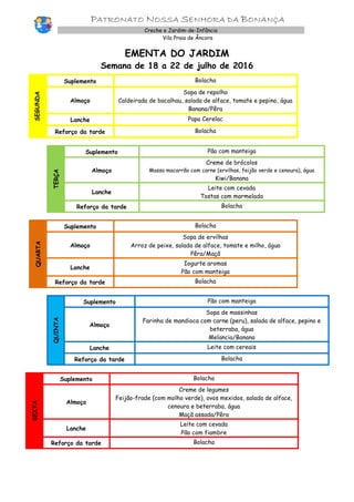 PATRONATO NOSSA SENHORA DA BONANÇA
Creche e Jardim-de-Infância
Vila Praia de Âncora
EMENTA DO JARDIM
Semana de 18 a 22 de julho de 2016
SEGUNDA
Suplemento Bolacha
Almoço
Sopa de repolho
Caldeirada de bacalhau, salada de alface, tomate e pepino, água
Banana/Pêra
Lanche Papa Cerelac
Reforço da tarde Bolacha
TERÇA
Suplemento Pão com manteiga
Almoço
Creme de brócolos
Massa macarrão com carne (ervilhas, feijão verde e cenoura), água
Kiwi/Banana
Lanche
Leite com cevada
Tostas com marmelada
Reforço da tarde Bolacha
QUARTA
Suplemento Bolacha
Almoço
Sopa de ervilhas
Arroz de peixe, salada de alface, tomate e milho, água
Pêra/Maçã
Lanche
Iogurte aromas
Pão com manteiga
Reforço da tarde Bolacha
QUINTA
Suplemento Pão com manteiga
Almoço
Sopa de massinhas
Farinha de mandioca com carne (peru), salada de alface, pepino e
beterraba, água
Melancia/Banana
Lanche Leite com cereais
Reforço da tarde Bolacha
SEXTA
Suplemento Bolacha
Almoço
Creme de legumes
Feijão-frade (com molho verde), ovos mexidos, salada de alface,
cenoura e beterraba, água
Maçã assada/Pêra
Lanche
Leite com cevada
Pão com fiambre
Reforço da tarde Bolacha
 