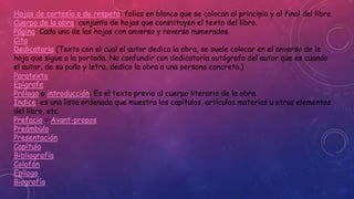 Hojas de cortesía o de respeto: folios en blanco que se colocan al principio y al final del libro. 
Cuerpo de la obra: conjunto de hojas que constituyen el texto del libro. 
Página: Cada una de las hojas con anverso y reverso numerados. 
Cita 
Dedicatoria (Texto con el cual el autor dedica la obra, se suele colocar en el anverso de la 
hoja que sigue a la portada. No confundir con dedicatoria autógrafa del autor que es cuando 
el autor, de su puño y letra, dedica la obra a una persona concreta.) 
Paratexto 
Epígrafe 
Prólogo o introducción: Es el texto previo al cuerpo literario de la obra. 
Índice: es una lista ordenada que muestra los capítulos, artículos materias u otros elementos 
del libro, etc. 
Prefacio = Avant-propos 
Preámbulo 
Presentación 
Capítulo 
Bibliografía 
Colofón 
Epílogo 
Biografía 
 