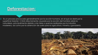 Deforestacion:
 Es un proceso provocado generalmente por la acción humana, en el que se destruye la
superficie forestal.1 2 Está directamente causada por la acción del hombre sobre la
naturaleza, principalmente debido a las talas o quemas realizadas por la industria
maderera, así como por la obtención de suelo para la agricultura, minería y ganadería.
10
 