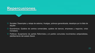 Repercusiones.
 Sociales: Desempleo y rebaje de salarios, Huelgas, pobreza generalizada, desalojos por la falta de
alquiler.
 Económicos: Quiebra de centros comerciales, quiebra de bancos, empresas y negocios, crisis
monetaria.
 Políticos: Surgimiento de partido Reformista y el partido comunista movimientos antiperialistas,
debilitamiento del estado liberal.
25
 