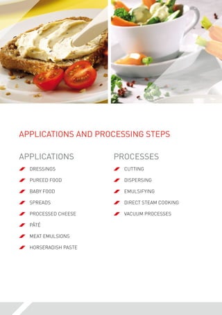 Applications and Processing Steps
	 dressings
	pureed food
	 baby food
	spreads
	processed cheese
	pâté
	 meat emulsions
	horseradish paste
	cutting
	 dispersing
	emulsifying
	 direct steam cooking
	 vacuum processes
Applications Processes
 