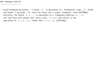 New language features
---------------------
* Fused broadcasting syntax: ``f.(args...)`` is equivalent to ``broadcast(f, args...)`` ([#150
and nested `f.(g.(args...))` calls are fused into a single `broadcast` loop ([#17300]).
Similarly, the syntax `x .= ...` is equivalent to a `broadcast!(identity, x, ...)`
call and fuses with nested "dot" calls; also, `x .+= y` and similar is now
equivalent to `x .= x .+ y`, rather than `x = x .+ y` ([#17510]).
 