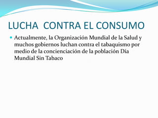LUCHA CONTRA EL CONSUMO
 Actualmente, la Organización Mundial de la Salud y
 muchos gobiernos luchan contra el tabaquismo por
 medio de la concienciación de la población Día
 Mundial Sin Tabaco
 