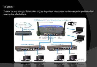 Trata-se de uma evolução do hub, com funções de pontes e roteadores e hardware especial que lhe confere
baixo custo e alta eficiência.
10. Switch
 