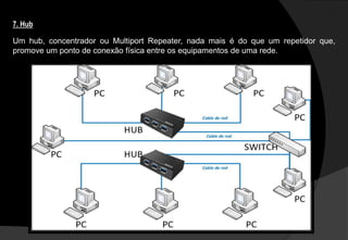 Um hub, concentrador ou Multiport Repeater, nada mais é do que um repetidor que,
promove um ponto de conexão física entre os equipamentos de uma rede.
7. Hub
 