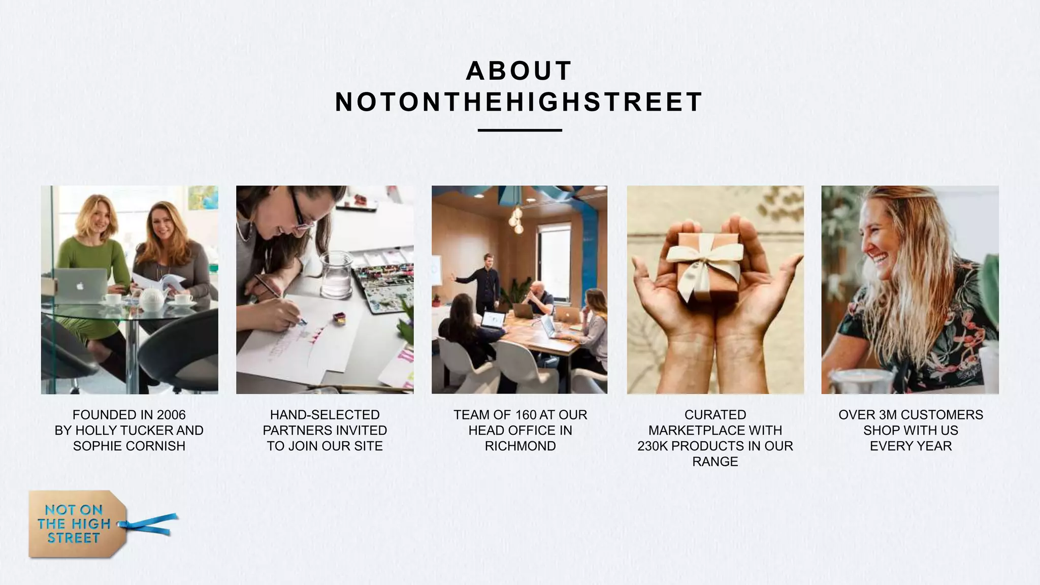 FOUNDED IN 2006
BY HOLLY TUCKER AND
SOPHIE CORNISH
ABOUT
NOTONTHEHIGHSTREET
TEAM OF 160 AT OUR
HEAD OFFICE IN
RICHMOND
CURATED
MARKETPLACE WITH
230K PRODUCTS IN OUR
RANGE
OVER 3M CUSTOMERS
SHOP WITH US
EVERY YEAR
HAND-SELECTED
PARTNERS INVITED
TO JOIN OUR SITE