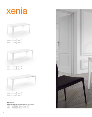 xenia 
140 cm 75 cm 90 cm 
160 cm 75 cm 90 cm 
180 cm 75 cm 90 cm 
200 cm 75 cm 90 cm 
220 cm 75 cm 90 cm 
240 cm 75 cm 90 cm 
*Brillo / High gloss 
Blanco Puro / Blanc Pur / Pure White / Blanc Pur / Bianco Assoluto 
140 cm Ref: C086L05 • Puntos / Points: 789 
160 cm Ref: C085L05 • Puntos / Points: 811 
12 
 