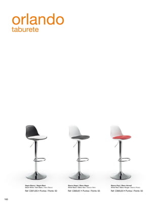 orlando 
taburete 
Negro-Blanco / Negre-Blanc 
Black-White / Noir-Blanc / Nero-Bianco 
Blanco-Rojo / Blanc-Vermell 
White-Red / Blanc-Rouge / Bianco-Rosso 
Blanco-Negro / Blanc-Negre 
White-Black / Blanc-Noir / Bianco-Nero 
Ref: C061U05 • Puntos / Points: 63 Ref: C060U01 • Puntos / Points: 63 Ref: C060U04 • Puntos / Points: 63 
160 
 