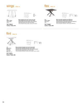 wings flex 
L33 
Blanco / Blanc 
White / Blanc 
Bianco 
flint 
M01 
Negro / Negre 
Black /Noir 
Nero 
L05 
Blanco Puro 
Blanc Pur 
Pure White 
Blanc Pur 
Bianco Assoluto 
74,5 cm 
Mesa plegable epoxy gris-Lacado semi brillo 
Taula plegable epoxy gris-Lacat semi brillant 
Folding table grey epoxy-Medium gloss lacquered 
Table pliante epoxy gris-Laqué semi brillant 
Tavolo pieghevole epoxy grigio-Laccato semi brillante 
33/80 cm 
Mesa extensible regulable epoxy gris-Lacado brillo 
Taula extensible regulable epoxy gris-Lacat brillant 
Extensible table with adjustable height epoxy grey-High gloss 
Table extensible réglable epoxy gris-Laqué brillant 
Tavolo allungabile regolabile in altezza epoxy grigio-Laccato brillante 
Ref: C169L33 
Puntos / Points: 183 
Ref: C125M01 
Puntos / Points: 349 
Ref: C126L05 
Puntos / Points: 469 
25/110,5 cm 
71,5 cm 
60/120 cm 
110 cm 
60/120 cm 
33/80 cm 
110 cm 
PÁG. 74 
PÁG. 78 
PÁG. 76 
Mesa extensible regulable epoxy-Melamina 
Taula extensible regulable epoxy-Melamina 
Extensible table with adjustable height epoxy-Melamine 
Table extensible réglable epoxy-Melamina 
Tavolo allungabile regolabile in altezza epoxy-Melamina 
188 
 