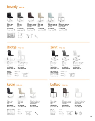 beverly 
U01 
Negro / Negre 
Black / Noir 
Nero 
U38 
Perla / Perla 
Pearl / Perle 
Perla 
U27 
Azul Claro / Blau Clar 
Light Blue / Bleu Clair 
Blu Chiaro 
U05 
Blanco Puro / Blanc Pur 
Pure White / Blanc Pur 
Bianco Assoluto 
Ref: C031U01 
Puntos / Points: 109 
Silla cromado-PU 
Cadira cromat-PU 
Chair chromed-PU 
Chaise chromé-PU 
Sedia cromato-PU 
U08 
Chocolate / Xocolata 
Chocolate / Chocolat 
Cioccolato 
Ref: C031U08 
Puntos / Points: 109 
U03 
Gris / Gris 
Grey / Gris 
Grigio 
Ref: C031U03 
Puntos / Points: 109 
Ref: C031U38 
Puntos / Points: 109 
Ref: C031U27 
Puntos / Points: 109 
Ref: C031U05 
Puntos / Points: 109 
44 cm 
87 cm 
53 cm 
2 
dodge 
U01 
Negro / Negre 
Black / Noir 
Nero 
U05 
Blanco Puro / Blanc Pur 
Pure White / Blanc Pur 
Bianco Assoluto 
Ref: C128U01 
Puntos / Points: 109 
Silla PU 
Cadira PU 
PU Chair 
Chaise PU 
Sedia PU 
Ref: C128U05 
Puntos / Points: 109 
48 cm 
94 cm 
58 cm 
2 
zenit 
U01 
Negro / Negre 
Black / Noir 
Nero 
PÁG. 102 
U03 
Gris / Gris 
Grey / Gris 
Grigio 
U05 
Blanco Puro / Blanc Pur 
Pure White / Blanc Pur 
Bianco Assoluto 
Ref: C067U01 
Puntos / Points: 119 
Silla cromado-PU 
Cadira cromat-PU 
Chair chromed-PU 
Chaise chromé-PU 
Sedia cromato-PU 
Ref: C067U03 
Puntos / Points: 119 
Ref: C067U05 
Puntos / Points: 119 
47,5 cm 
94,5 cm 
60,5 cm 
2 
kediri buffalo 
U01 
Negro / Negre 
Black / Noir 
Nero 
P01 
Negro / Negre 
Black / Noir 
Nero 
P08 
Chocolate / Xocolata 
Chocolate / Chocolat 
Cioccolato 
U38 
Perla / Perla 
Pearl / Perle 
Perla 
U05 
Blanco Puro / Blanc Pur 
Pure White / Blanc Pur 
Bianco Assoluto 
P05 
Blanco Puro / Blanc Pur 
Pure White / Blanc Pur 
Bianco Assoluto 
Silla cromado-PU 
Cadira cromat-PU 
Chair chromed-PU 
Chaise chromé-PU 
Sedia cromato-PU 
Silla piel 
Cadira pell 
Leather chair 
Chaise cuir 
Sedia pelle 
Ref: C065U01 
Puntos / Points: 119 
Ref: C097P01 
Puntos / Points: 95 
Ref: C097P08 
Puntos / Points: 95 
Ref: C065U38 
Puntos / Points: 119 
Ref: C065U05 
Puntos / Points: 119 
Ref: C097P05 
Puntos / Points: 95 
44 cm 
96 cm 
56 cm 
47 cm 
89 cm 
4 58,5 cm 
4 
PÁG. 98 
PÁG. 100 
PÁG. 104 PÁG. 106 
191 
 