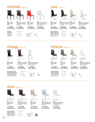 montreal zicar 
Silla PVC 
Cadira PVC 
PVC Chair 
Chaise PVC 
Sedia PVC 
Silla cromado-PU 
Cadira cromat-PU 
Chair chromed-PU 
Chaise chromé-PU 
Sedia cromato-PU 
V01 
Negro / Negre 
Black / Noir 
Nero 
Ref: C068V01 
Puntos / Points: 69 
U01 
Negro / Negre 
Black / Noir 
Nero 
Ref: C033U01 
Puntos / Points: 83 
V08 
Chocolate / Xocolata 
Chocolate / Chocolat 
Cioccolato 
Ref: C068V08 
Puntos / Points: 69 
U08 
Chocolate / Xocolata 
Chocolate / Chocolat 
Cioccolato 
Ref: C033U08 
Puntos / Points: 83 
V04 
Rojo / Vermell 
Red / Rouge 
Rosso 
Ref: C068V04 
Puntos / Points: 69 
U38 
Perla / Perla 
Pearl / Perle 
Perla 
Ref: C033U38 
Puntos / Points: 83 
V05 
Blanco Puro / Blanc Pur 
Pure White / Blanc Pur 
Bianco Assoluto 
Ref: C068V05 
Puntos / Points: 69 
U05 
Blanco Puro / Blanc Pur 
Pure White / Blanc Pur 
Bianco Assoluto 
Ref: C033U05 
Puntos / Points: 83 
46 cm 
85 cm 
57,5 cm 
4 
44 cm 
96 cm 
65 cm 
2 
PÁG. 108 PÁG. 110 
chicago tribecca 
Silla epoxy gris-PVC 
Cadira epoxy gris-PVC 
Chair grey epoxy-PVC 
Chaise epoxy gris-PVC 
Sedia epoxy grigio-PVC 
Silla cromado-PU 
Cadira cromat-PU 
Chair chromed-PU 
Chaise chromé-PU 
Sedia cromato-PU 
V01 
Negro / Negre 
Black / Noir 
Nero 
Ref: C096V01 
Puntos / Points: 59 
U01 
Negro / Negre 
Black / Noir 
Nero 
Ref: C035U01 
Puntos / Points: 79 
V08 
Chocolate / Xocolata 
Chocolate / Chocolat 
Cioccolato 
Ref: C096V08 
Puntos / Points: 59 
U03 
Gris / Gris / 
Grey / Gris 
Grigio 
Ref: C035U03 
Puntos / Points: 79 
U38 
Perla / Perla 
Pearl / Perle 
Perla 
Ref: C035U38 
Puntos / Points: 79 
V05 
Blanco Puro / Blanc Pur 
Pure White / Blanc Pur 
Bianco Assoluto 
Ref: C096V05 
Puntos / Points: 59 
U05 
Blanco Puro / Blanc Pur 
Pure White / Blanc Pur 
Bianco Assoluto 
Ref: C035U05 
Puntos / Points: 79 
41,5 cm 
97 cm 
55,5 cm 
4 
43 cm 
93 cm 
60 cm 
4 
PÁG. 112 PÁG. 114 
davis 
U01 
Negro / Negre 
Black / Noir 
Nero 
Ref: C037U01 
Puntos / Points: 65 
Silla cromado-PU 
Cadira cromat-PU 
Chair chromed-PU 
Chaise chromé-PU 
Sedia cromato-PU 
U08 
Chocolate / Xocolata 
Chocolate / Chocolat 
Cioccolato 
Ref: C037U08 
Puntos / Points: 65 
U38 
Perla / Perla 
Pearl / Perle 
Perla 
Ref: C037U38 
Puntos / Points: 65 
U27 
Azul Claro / Blau Clar 
Light Blue / Bleu Clair 
Blu Chiaro 
Ref: C037U27 
Puntos / Points: 65 
U05 
Blanco Puro / Blanc Pur 
Pure White / Blanc Pur 
Bianco Assoluto 
Ref: C037U05 
Puntos / Points: 65 
42 cm 
88 cm 
55 cm 
4 
PÁG. 116 
192 
 