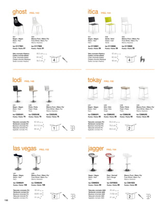 ghost itica 
S01 
Negro / Negre 
Black / Noir 
Nero 
S01 
Negro / Negre 
Black / Noir 
Nero 
S05 
Blanco Puro / Blanc Pur 
Pure White / Blanc Pur 
Bianco Assoluto 
S06 
Verde / Verd 
Green / Vert 
Verde 
S05 
Blanco Puro / Blanc Pur 
Pure White / Blanc Pur 
Bianco Assoluto 
Silla cromado-Plástico 
Cadira cromat-Plàstic 
Chair chromed-Plastic 
Chaise chromé-Plastique 
Sedia cromato-Plastica 
Silla cromado-Plástico 
Cadira cromat-Plàstic 
Chair chromed-Plastic 
Chaise chromé-Plastique 
Sedia cromato-Plastica 
Ref: C117S01 
Puntos / Points: 61 
Ref: C116S01 
Puntos / Points: 59 
Ref: C117S05 
Puntos / Points: 61 
Ref: C116S06 
Puntos / Points: 59 
Ref: C116S05 
Puntos / Points: 59 
48,5 cm 
93 cm 
56,5 cm 
42 cm 
82 cm 
4 48 cm 
4 
PÁG. 143 PÁG. 144 
PÁG. 148 PÁG. 150 
91/112 cm 
1 2 
las vegas jagger 
U01 
Negro / Negre 
Black / Noir 
Nero 
Negro / Negre 
Black / Noir 
Nero 
79,5 cm 
Rojo / Vermell 
Red / Rouge 
Rosso 
U05 
Blanco Puro / Blanc Pur 
Pure White / Blanc Pur 
Bianco Assoluto 
Blanco Puro / Blanc Pur 
Pure White / Blanc Pur 
Bianco Assoluto 
Taburete cromado-PU 
Tamboret cromat-PU 
Barstool chromed-PU 
Tabouret chromé-PU 
Sgabello cromato-PU 
Taburete cromado-ABS 
Tamboret cromat-ABS 
Barstool chromed-ABS 
Tabouret chromé-ABS 
Sgabello cromato-ABS 
Ref: C048U01 
Puntos / Points: 108 
Ref: C069S33 
Puntos / Points: 69 
Ref: C070S33 
Puntos / Points: 69 
Ref: C048U05 
Puntos / Points: 108 
Ref: C051S33 
Puntos / Points: 69 
38 cm 
65/87 cm 
41 cm 
43 cm 
71/92 cm 
2 41 cm 
2 
lodi tokay 
U01 
Negro / Negre 
Black / Noir 
Nero 
U01 
Negro / Negre 
Black / Noir 
Nero 
U38 
Perla / Perla 
Pearl / Perle 
Perla 
U03 
Gris / Gris 
Grey / Gris 
Grigio 
U05 
Blanco Puro / Blanc Pur 
Pure White / Blanc Pur 
Bianco Assoluto 
U38 
Perla / Perla 
Pearl / Perle 
Perla 
U05 
Blanco Puro / Blanc Pur 
Pure White / Blanc Pur 
Bianco Assoluto 
Taburete cromado-PU 
Tamboret cromat-PU 
Barstool chromed-PU 
Tabouret chromé-PU 
Sgabello cromato-PU 
Taburete cromado-PU 
Tamboret cromat-PU 
Barstool chromed-PU 
Tabouret chromé-PU 
Sgabello cromato-PU 
Ref: C052U01 
Puntos / Points: 79 
Ref: C066U01 
Puntos / Points: 95 
Ref: C052U38 
Puntos / Points: 79 
Ref: C066U03 
Puntos / Points: 95 
Ref: C052U05 
Puntos / Points: 79 
Ref: C066U38 
Puntos / Points: 95 
Ref: C066U05 
Puntos / Points: 95 
42 cm 
48 cm 
45,5 cm 
49,5 cm 
PÁG. 152 PÁG. 154 
196 
 