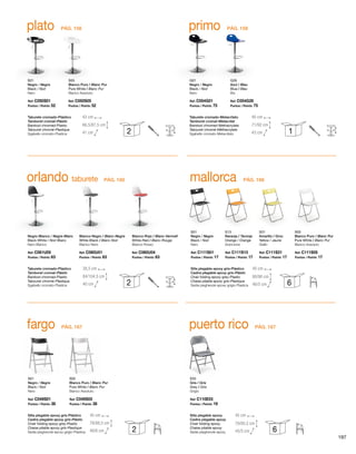 plato primo 
S01 
Negro / Negre 
Black / Noir 
Nero 
G01 
Negro / Negre 
Black / Noir 
Nero 
S05 
Blanco Puro / Blanc Pur 
Pure White / Blanc Pur 
Bianco Assoluto 
G26 
Azul / Blau 
Blue / Bleu 
Blu 
Taburete cromado-Plástico 
Tamboret cromat-Plàstic 
Barstool chromed-Plastic 
Tabouret chromé-Plastique 
Sgabello cromato-Plastica 
Taburete cromado-Metacrilato 
Tamboret cromat-Metacrilat 
Barstool chromed-Methacrylate 
Tabouret chromé-Méthacrylate 
Sgabello cromato-Metacrilato 
Ref: C050S01 
Puntos / Points: 52 
Ref: C054G01 
Puntos / Points: 75 
Ref: C050S05 
Puntos / Points: 52 
Ref: C054G26 
Puntos / Points: 75 
43 cm 
66,5/87,5 cm 
41 cm 
40 cm 
71/92 cm 
2 43 cm 
1 
PÁG. 156 PÁG. 158 
orlando taburete mallorca 
Negro-Blanco / Negre-Blanc 
Black-White / Noir-Blanc 
Nero-Bianco 
PÁG. 160 PÁG. 166 
S01 
Negro / Negre 
Black / Noir 
Nero 
S13 
Naranja / Taronja 
Orange / Orange 
Arancione 
S31 
Amarillo / Groc 
Yellow / Jaune 
Giallo 
S05 
Blanco Puro / Blanc Pur 
Pure White / Blanc Pur 
Bianco Assoluto 
Blanco-Rojo / Blanc-Vermell 
White-Red / Blanc-Rouge 
Bianco-Rosso 
Blanco-Negro / Blanc-Negre 
White-Black / Blanc-Noir 
Bianco-Nero 
Taburete cromado-Plástico 
Tamboret cromat-Plàstic 
Barstool chromed-Plastic 
Tabouret chromé-Plastique 
Sgabello cromato-Plastica 
Silla plegable epoxy gris-Plástico 
Cadira plegable epoxy gris-Plàstic 
Chair folding epoxy grey-Plastic 
Chaise pliable epoxy gris-Plastique 
Sedia pieghevole epoxy grigio-Plastica 
Ref: C061U05 
Puntos / Points: 63 
Ref: C111S01 
Puntos / Points: 17 
Ref: C111S13 
Puntos / Points: 17 
Ref: C111S31 
Puntos / Points: 17 
Ref: C111S05 
Puntos / Points: 17 
Ref: C060U04 
Puntos / Points: 63 
Ref: C060U01 
Puntos / Points: 63 
38,5 cm 
84/104,5 cm 
40 cm 
45 cm 
80/90 cm 
2 46/5 cm 
6 
fargo puerto rico 
S01 
Negro / Negre 
Black / Noir 
Nero 
PÁG. 167 PÁG. 167 
E03 
Gris / Gris 
Grey / Gris 
Grigio 
S05 
Blanco Puro / Blanc Pur 
Pure White / Blanc Pur 
Bianco Assoluto 
Silla plegable epoxy gris-Plástico 
Cadira plegable epoxy gris-Plàstic 
Chair folding epoxy grey-Plastic 
Chaise pliable epoxy gris-Plastique 
Sedia pieghevole epoxy grigio-Plastica 
Silla plegable epoxy 
Cadira plegable epoxy 
Chair folding epoxy 
Chaise pliable epoxy 
Sedia pieghevole epoxy 
Ref: C049S01 
Puntos / Points: 38 
Ref: C110E03 
Puntos / Points: 19 
Ref: C049S05 
Puntos / Points: 38 
45 cm 
78/88,5 cm 
48/6 cm 
45 cm 
79/95,5 cm 
2 45/5 cm 
6 
197 
 