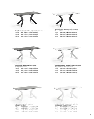 Negro-Negro / Negre-Negre / Black-Black / Noir-Noir / Nero-Nero 
Transparente-Negro / Transparent-Negre / Clear-Black 
Transparent-Noir / Transparente-Nero 
150 cm Ref: C098C01 • Puntos / Points: 470 150 cm Ref: C098C07 • Puntos / Points: 448 
Ref: C101C01 • Puntos / Points: 500 Ref: C101C07 • Puntos / Points: 469 
180 cm 180 cm 
200 cm 
Ref: C104C01 • Puntos / Points: 538 Ref: C104C07 • Puntos / Points: 500 
Negro-Cromado / Negre-Cromat / Black-Chromed 
Noir-Chromé / Nero-Cromato 
Ref: C100C01 • Puntos / Points: 500 
200 cm 
150 cm 150 cm 
180 cm Ref: C103C01 • Puntos / Points: 530 
180 cm 
200 cm 
Negro-Blanco / Negre-Blanc / Black-White 
Noir-Blanc / Nero-Bianco 
Ref: C099C01 • Puntos / Points: 470 
200 cm 
150 cm 150 cm 
180 cm Ref: C102C01 • Puntos / Points: 500 
180 cm 
200 cm 200 cm 
Ref: C100C07 • Puntos / Points: 478 
Ref: C103C07 • Puntos / Points: 499 
Ref: C106C07 • Puntos / Points: 530 
Ref: C099C07 • Puntos / Points: 448 
Ref: C102C07 • Puntos / Points: 469 
Ref: C105C07 • Puntos / Points: 500 
Ref: C106C01 • Puntos / Points: 568 
Ref: C105C01 • Puntos / Points: 538 
Transparente-Cromado / Transparent-Cromat / Clear-Chromed 
Transparent-Chromé / Transparente-Cromato 
Transparente-Blanco / Transparent-Blanc / Clear-White 
Transparent-Blanc / Transparente-Bianco 
49 
 