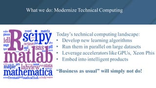 What we do: Modernize Technical Computing
Today’s technical computing landscape:
• Develop new learning algorithms
• Run t...