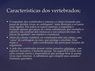 Características dos vertebrados;
   O esqueleto dos vertebrados é interno e o único formado por
    peças de tecidos vivos: as cartilagens*, mais flexíveis; e os ossos,
    mais rígidos. Em todos os outros animais, o esqueleto é
    formado apenas por peças de várias substâncias, por exemplo o
    calcário, nas conchas dos moluscos e nos ouriços-do-mar; ou
    placas de quitina*, nos insetos e crustáceos.
   Além da coluna vertebral, os vertebrados têm um crânio, uma
    "caixa" de cartilagem ou osso, que protege o encéfalo. Este
    órgão é responsável pela coordenação das principais funções do
    organismo.
   A pele dos vertebrados possui várias camadas celulares e, nas
    espécies terrestres, é bastante grossa. Na superfície a pele tem
    uma camada morta e impermeável que protege bem as partes
    vivas mais internas. A substância que compõe essa camada é
    chamada queratina.
 