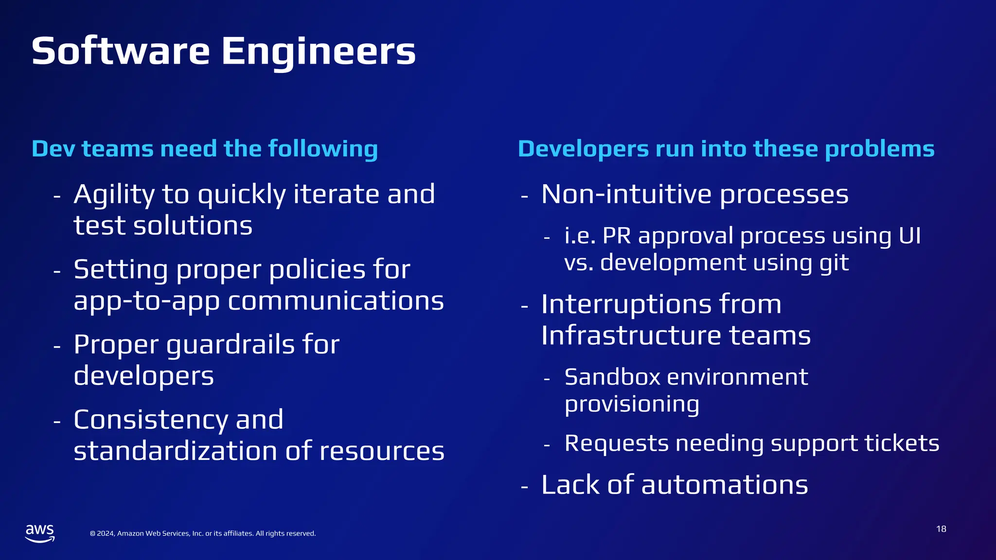 © 2024, Amazon Web Services, Inc. or its affiliates. All rights reserved.
Software Engineers
Dev teams need the following
- Agility to quickly iterate and
test solutions
- Setting proper policies for
app-to-app communications
- Proper guardrails for
developers
- Consistency and
standardization of resources
Developers run into these problems
- Non-intuitive processes
- i.e. PR approval process using UI
vs. development using git
- Interruptions from
Infrastructure teams
- Sandbox environment
provisioning
- Requests needing support tickets
- Lack of automations
18
 