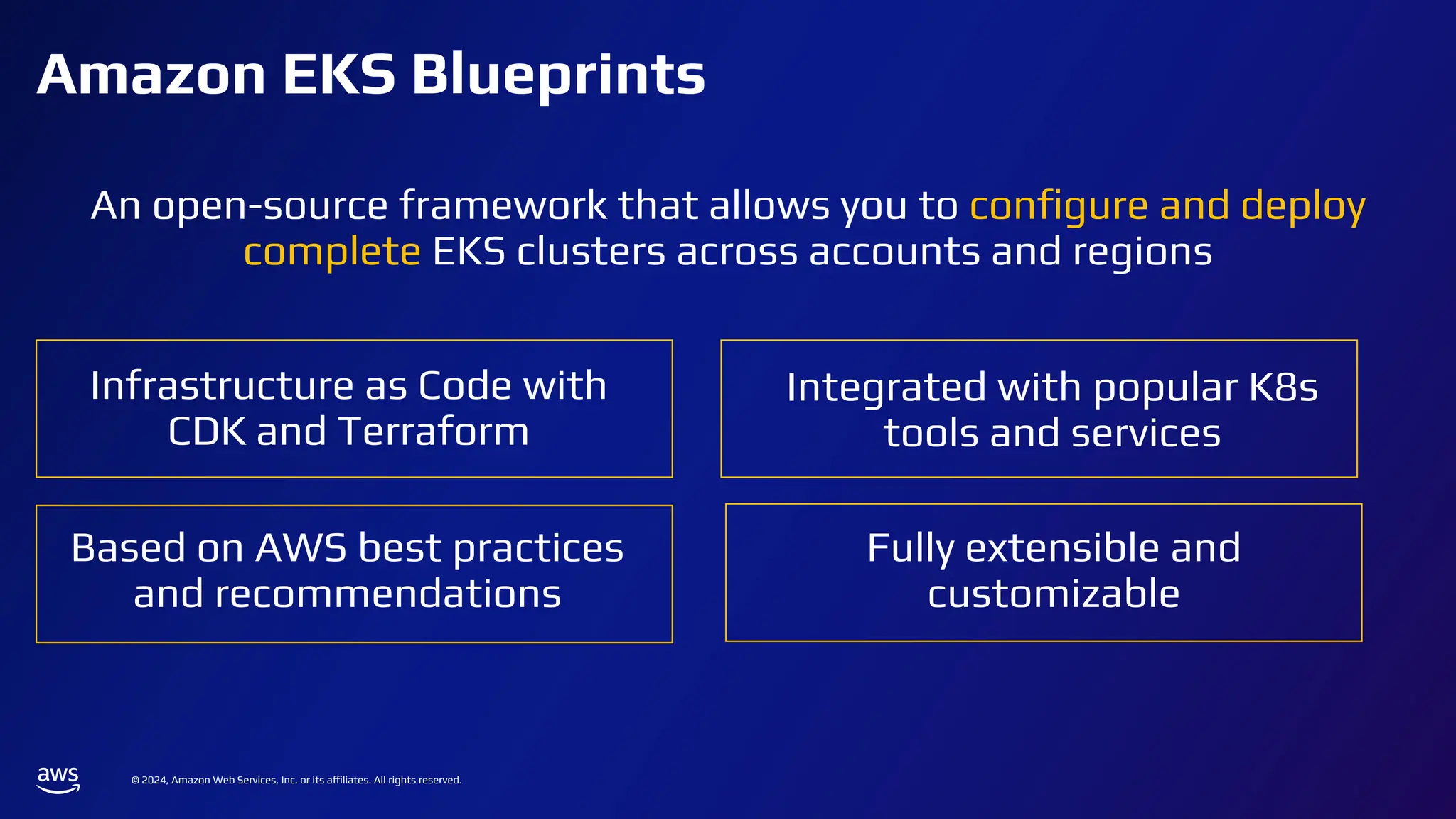 © 2024, Amazon Web Services, Inc. or its affiliates. All rights reserved.
Amazon EKS Blueprints
An open-source framework that allows you to conﬁgure and deploy
complete EKS clusters across accounts and regions
Infrastructure as Code with
CDK and Terraform
Based on AWS best practices
and recommendations
Integrated with popular K8s
tools and services
Fully extensible and
customizable
 