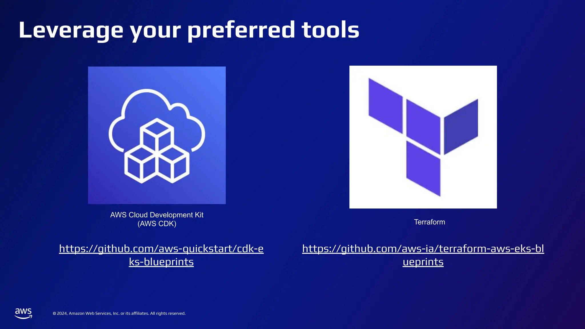 © 2024, Amazon Web Services, Inc. or its affiliates. All rights reserved.
Leverage your preferred tools
https://github.com/aws-ia/terraform-aws-eks-bl
ueprints
https://github.com/aws-quickstart/cdk-e
ks-blueprints
AWS Cloud Development Kit
(AWS CDK) Terraform
 
