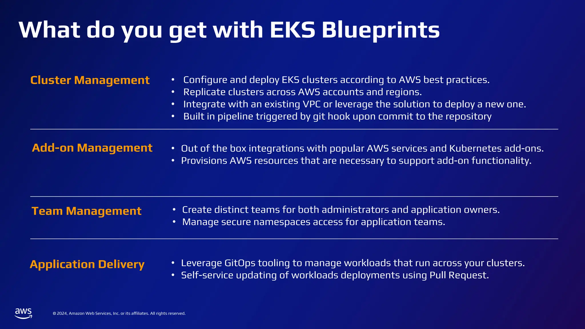 © 2024, Amazon Web Services, Inc. or its affiliates. All rights reserved.
• Conﬁgure and deploy EKS clusters according to AWS best practices.
• Replicate clusters across AWS accounts and regions.
• Integrate with an existing VPC or leverage the solution to deploy a new one.
• Built in pipeline triggered by git hook upon commit to the repository
Cluster Management
• Out of the box integrations with popular AWS services and Kubernetes add-ons.
• Provisions AWS resources that are necessary to support add-on functionality.
Add-on Management
• Create distinct teams for both administrators and application owners.
• Manage secure namespaces access for application teams.
Team Management
• Leverage GitOps tooling to manage workloads that run across your clusters.
• Self-service updating of workloads deployments using Pull Request.
Application Delivery
What do you get with EKS Blueprints
 