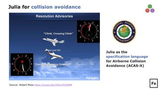 Julia as the
specification language
for Airborne Collision
Avoidance (ACAS-X)
Julia for collision avoidance
Source: Robert Moss https://youtu.be/19zm1Fn0S9M Fe
 