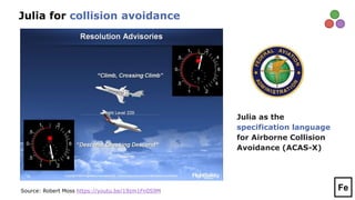 Julia as the
specification language
for Airborne Collision
Avoidance (ACAS-X)
Julia for collision avoidance
Source: Robert...
