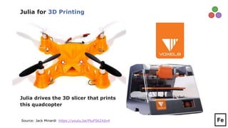 Julia for 3D Printing
Julia drives the 3D slicer that prints
this quadcopter
Source: Jack Minardi https://youtu.be/PluP562...